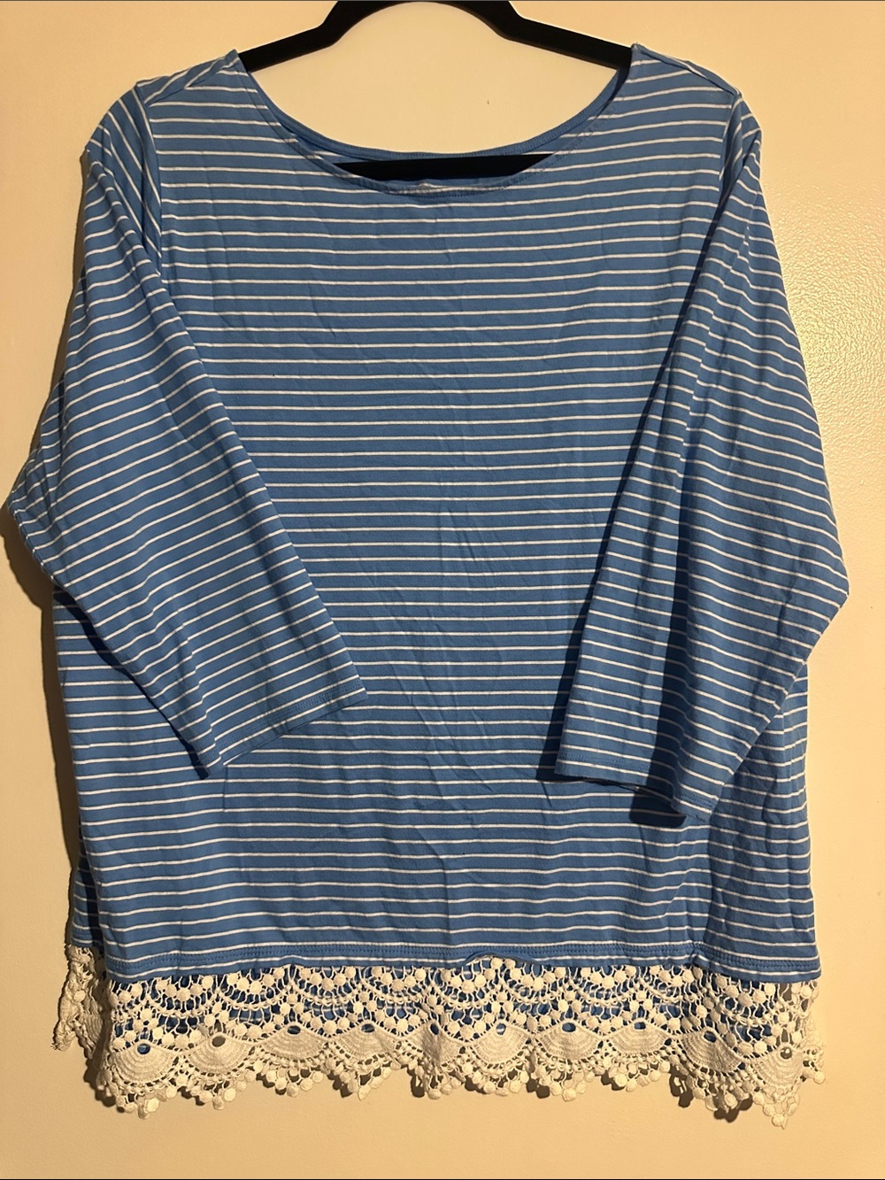 St. John's Bay Blue & White Striped Tunic with Cream Lace Hem